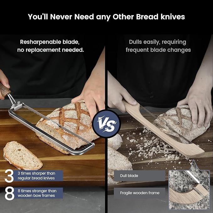 Left-Handed Bread Knife for Homemade Bread, World's 1st Real Bow-Design Sourdough Bread Slicer, Razor-Sharp Cutter for Crusty Sourdough & Baguette, 4 Thickness Scale Marks, Christmas gift