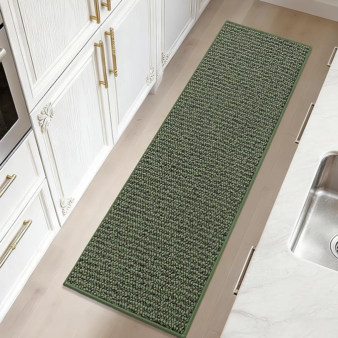 JSEI Kitchen Runner Rugs, 17''x48'' Non-Slip Kitchen Mats for Floor, Machine Washable Absorbent and Stain Resistant Kitchen Rug, Carpet Mats with TPR Backing for Kitchen, Green