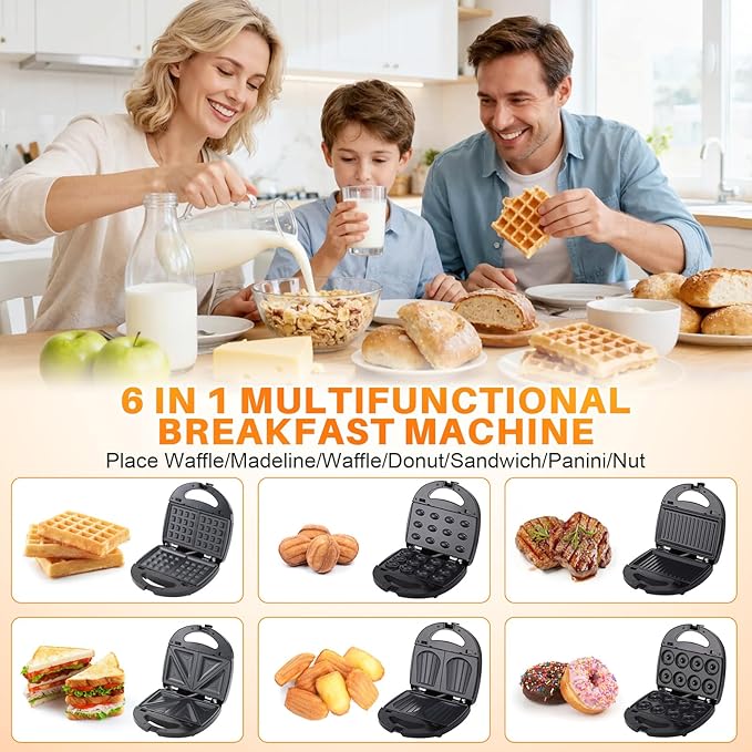6 in 1 Waffle Maker With Removable Plates,Breakfast Sandwich Maker,Panini Press Grill Mini Donut Maker Machine with 5-Gear Temperature Control for Cooking Steaks Burgers,Grilled,Cheese