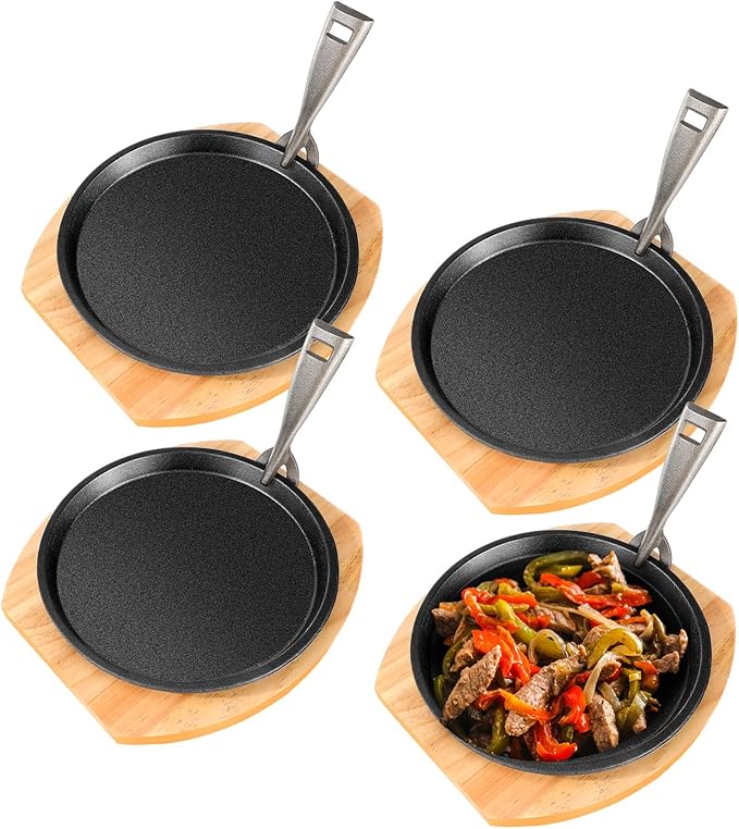 Mimorou 4 Set 8.7 Inch Cast Iron Fajita Plate Set with Wooden Base Anti Scald Protection Removable Handle Fajita Plate Sizzling Pan Cast Iron Skillets Sets for Home Restaurant Kitchen BBQ Cooking