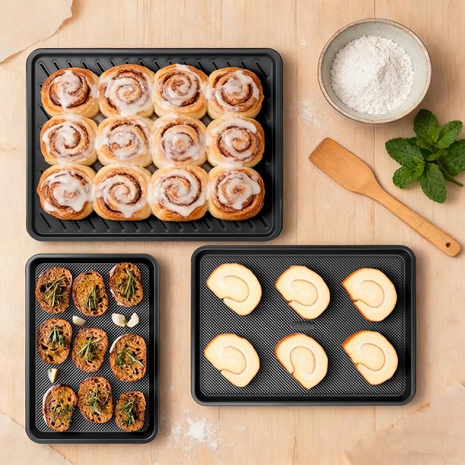 Cookie Sheets for Baking with Cooling Rack Set of 4, 0.8mm Thick Nonstick Baking Sheets for Oven, Half/Quarter/Jelly Roll Pans for Oven, Heavy Duty Oven Trays with Diamond Texture
