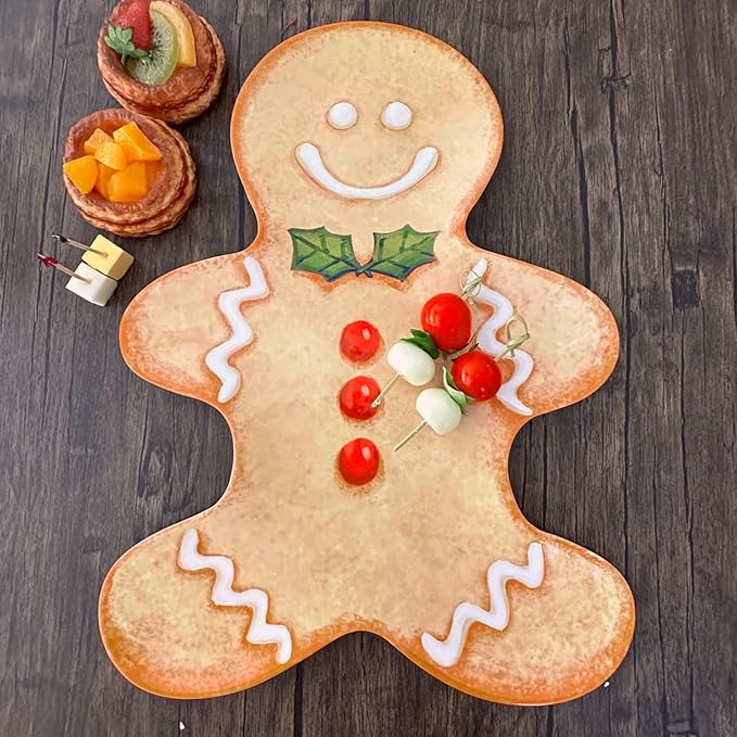 UP UPware Gingerbread Man Shaped Melamine Serving Platter, Christmas Holiday Party Tray, Festive Gingerbread Design, for Cookies, Snacks, and Appetizers, Brown,17 x 12.75 Inch