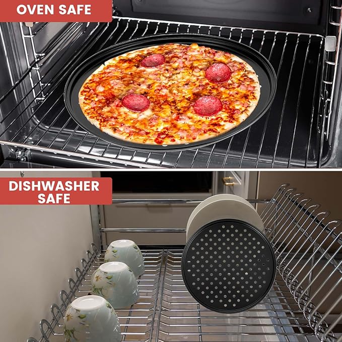 Tolare 4 Pack 12 Inch Round Pizza Pan with Holes, Pizza Tray for Oven Carbon Steel Non-Stick Platter Bakeware, Baking Pans, for Home Restaurant Kitchen Baking(Black)