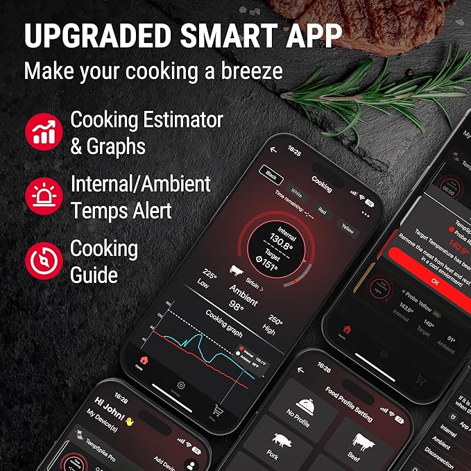 ThermoPro Upgraded Meat Probe Wireless Meat Thermometer, 500ft Bluetooth Meat Thermometer for Cooking Kitchen Oven Smoker, Rechargeable Meat Probe for Backyard Grill BBQ Holiday Gifts