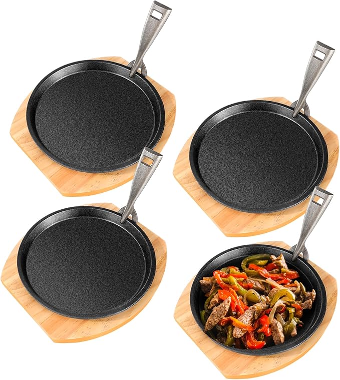 Mimorou 4 Set 10.3 Inch Cast Iron Fajita Plate Set with Wooden Base Anti Scald Protection Removable Handle Fajita Plate Sizzling Pan Cast Iron Skillets Sets for Home Restaurant Kitchen BBQ Cooking