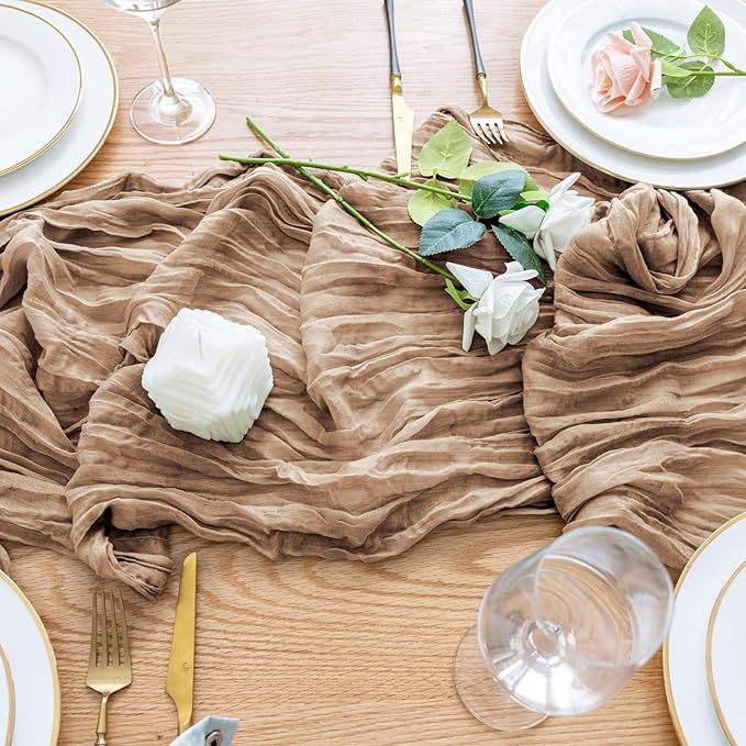 Wokceer Cheesecloth Table Runner Thanksgiving 3Pack 10FT Nude Brown Boho Gauze Cheese Cloth Table Runner Christmas for Party Rustic Sheer Runners for Baby Bridal Shower Wedding Table