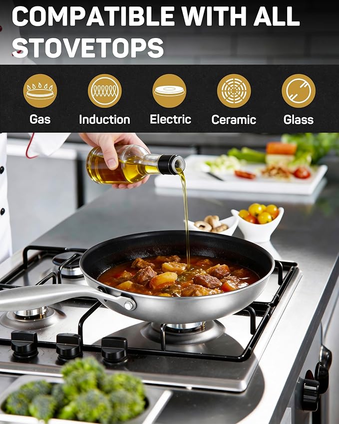 Stainless Steel Nonstick Frying Pan, Hybrid Ceramic 8-Inch Frying Pans, Stay-Cool Handle, PFAS & PFOA PTFE Free, Dishwasher & Oven Safe, Scratch-Resistant, Compatible with Induction & All Cooktops