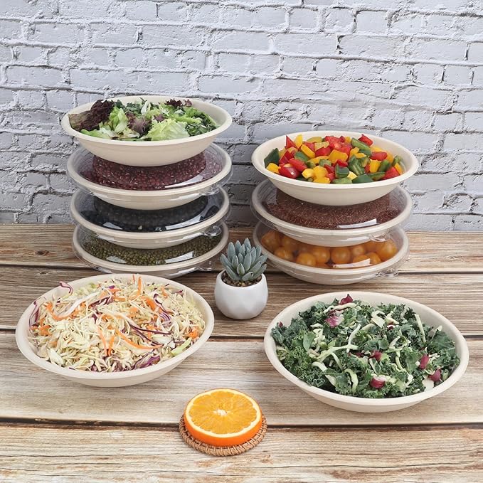 JAYEEY 24 oz Round Disposable salad bowls with lids, Sugarcane Fiber Paper Bowls take away food containers Plant Fibers Freezer Safe 50 Pack