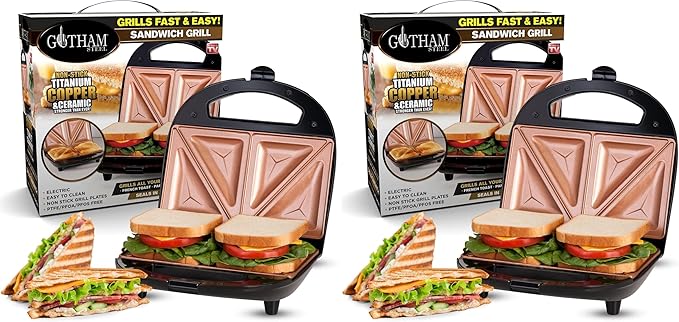 Gotham Steel Nonstick Panini Press Sandwich Maker,2in1 Breakfast Sandwich Maker Grill/Sandwich Press Grill with Indicator Light, Makes 2 Sandwiches with Easy Cut Edges,(Pack of 2)