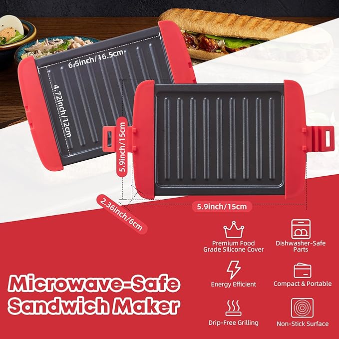 Microwave Sandwich Maker, Microwave Toastie Maker, Snack Maker & Panini Press, Microwavable Metal, Removable Non-Stick Plates Silicone Microwavable Cookware, Dishwasher Safe, Red