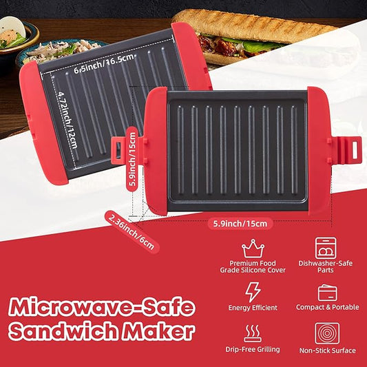 Microwave Sandwich Maker, Microwave Toastie Maker, Snack Maker & Panini Press, Microwavable Metal, Removable Non-Stick Plates Silicone Microwavable Cookware, Dishwasher Safe, Red