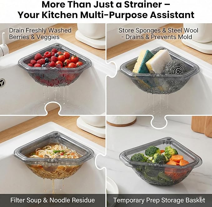 Triangular Draining Basket for Sink, Magnetic Corner Sink Strainer Basket, Touch-Free Food Catcher For Kitchen Sink (White)