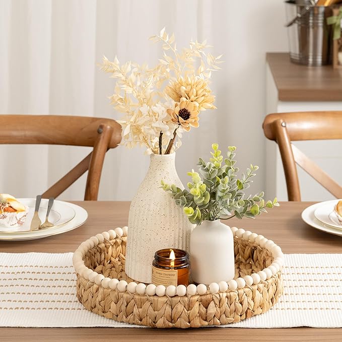 StorageWorks Round Decorative Trays for Home Decor Farmhouse, Wicker Coffee Table Tray Decor with Wooden Beads and Handles, Woven Dining Room Decor Tray for Kitchen Counter,Living Room,Bedroom