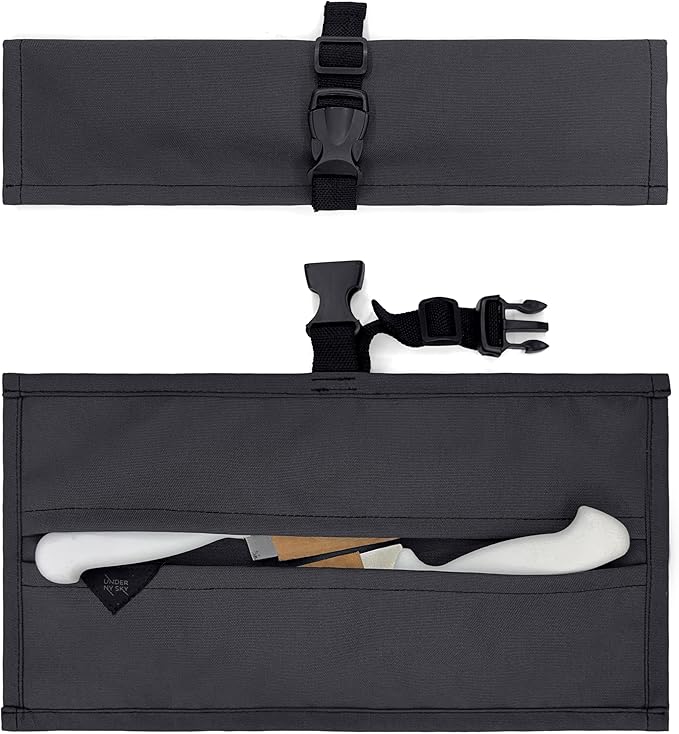 Under NY Sky Knife Roll Case - 2 Slots - Heavy Duty Oxford Canvas Pouch - Leather Reinforced - Portable Bag for Cooking Tools, Utensils, Cutlery Knives, Brushes - Chefs, Kitchen, Travel, Gift - Gray