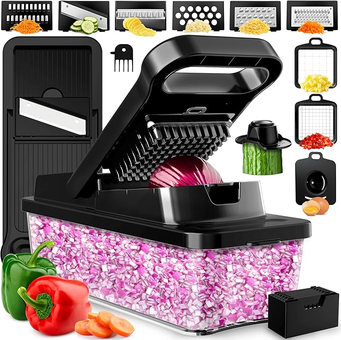 PrepNaturals Vegetable Chopper with Container, Veggie Chopper, Food Chopper & Onion Chopper - Mandoline Slicer for Kitchen (12 in 1, Black)