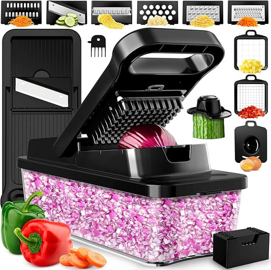 PrepNaturals Vegetable Chopper with Container, Veggie Chopper, Food Chopper & Onion Chopper - Mandoline Slicer for Kitchen (12 in 1, Black)