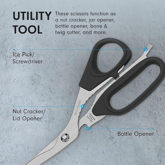 Messermeister 8.5-Inch Take-Apart Utility Shears, Black - Includes Screwdriver, Nut Cracker, Jar Lid Opener/Gripper, Bottle Opener & Bone + Twig Cutter - Suitable for Right-Handed Users