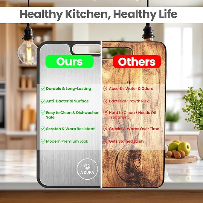 Titanium Cutting Board Double-Sided – Pure Titanium Surface Wheat Straw PP, Non-Slip Bas Juice Groove & Garlic Grinding Zone – Ultra Hygienic Chopping Board for Meat Vegetables & Fruits Easy to Clean