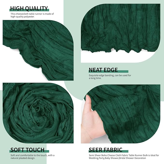 12 Pack Dark Green Cheesecloth Table Runner 10Ft, Christmas Table Runner 21.5 X 120 inch, Semi Sheer Cheese Cloth Fabric Boho Table Runner Bulk for Christmas Decorations,Bridal Shower,Wedding
