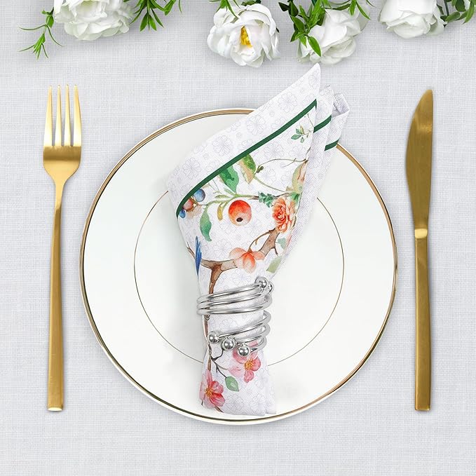 Bird Flower Branch Print Cloth Napkins 100% Cotton, 18" X 18" Dinner Napkins Cloth Set, Washable Napkins for Home, Kitchen, Dinner, Party, Wedding, Cocktail, Set of 6