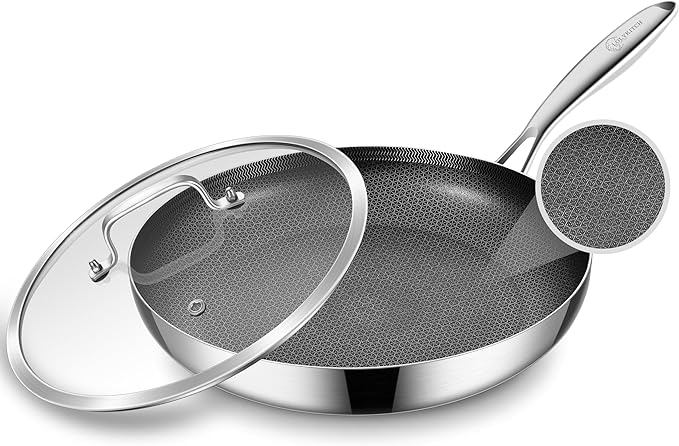 LOLYKITCH 12 Inch Hybrid Stainless Steel Non-Stick Sauté Pan,Induction Frying Pan with Lid,Skillet,Oven and Dishwasher Safe,Detachable Handle