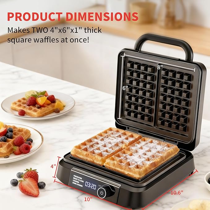 Waffle Maker, 1400W Belgian Waffle Maker, Dual Rectangular Thick Waffle Iron, 7-Level Browning LED Panel, Nonstick Plates, Anti-spill Design, Audible Ready Beep, Easy Cleanup, Stainless Steel
