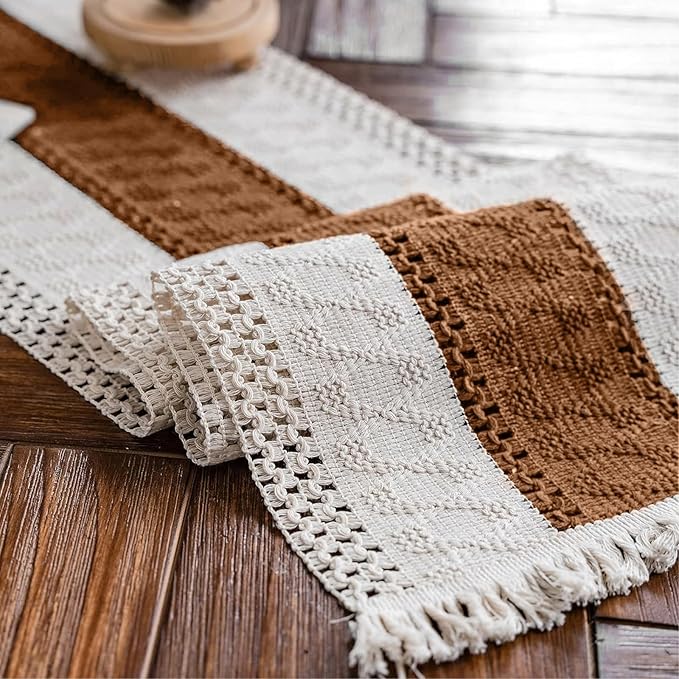 Alynsehom Macrame Table Runner Cream Beige and Caramel Boho Table Runners with Tassels Hand Woven Cotton Table Runner Rustic Farmhouse Table Runners for Bohemian Kitchen Dining Table(12x71in)