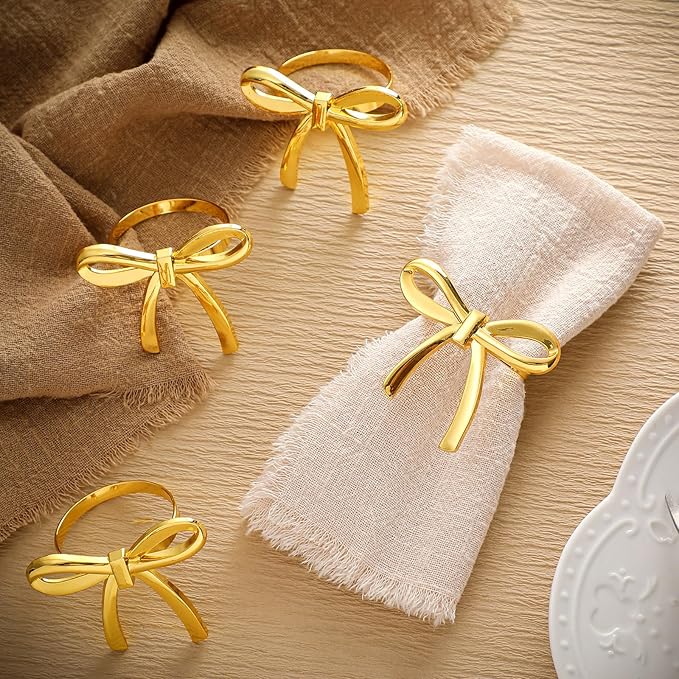 12 Pcs Gold Bow Napkin Rings, Metal Butterfly Napkin Holders for Dinner Parties Wedding Banquet Table Setting Family Gatherings Table Decoration