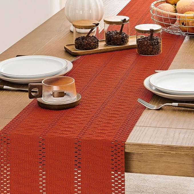 ZeeMart Macrame Style Boho Table Runner, Burnt Ochre Fall Table Runners 90 Inches Long, Farmhouse Woven Home Decor, 12x90 Inch, Dark Orange