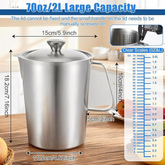SHENLIU Stainless Steel Pitcher with Lid, 70 oz Metal Measuring Cup with Marking and Handle, 2 L Large Mouth Graduated Beakers, Milk Frothing Jug for Iced Tea, Espresso, Latte Art, Hot & Cold Water