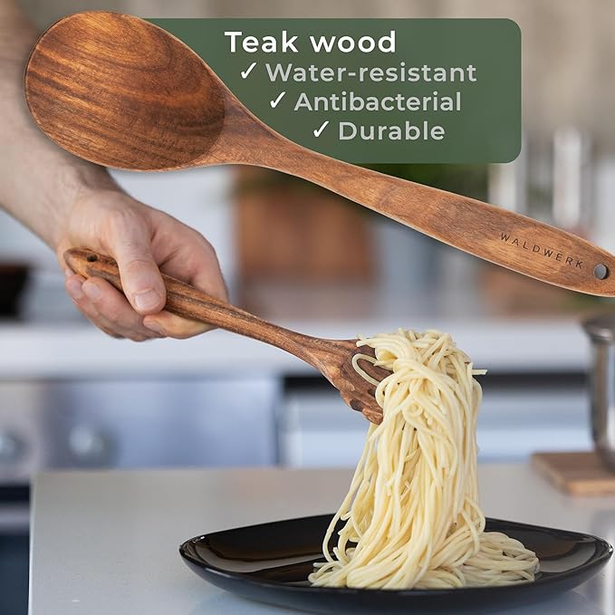 WALDWERK Wooden Spoons for Cooking – 9-Piece Kitchen Utensils Set with Spatula, Tongs, Whisk, Wooden Spoons & Pasta Server – Wooden Utensil Set – Utensil Sets - Cooking Utensils - Non Toxic
