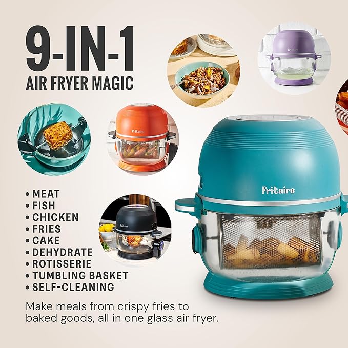 Non Toxic Air Fryer™ - Glass AirFryer 5 Quart w/ 360 Visibility, Self-Cleaning, 400F Vortex Air Fryer for Even Cooking, BPA-Free Teflon Free, 9-in-1 Functions, Rotisserie, Roast, Bake, Orange