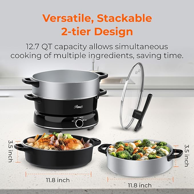 Rosewill 12.7 QT Electric Hot Pot Slow Cooker with Multiple Functions, Split Design with 11.8 inch Wider Cooking Pot and SUS Steam Basket, 1600W High Power, Includes Utensils - Black