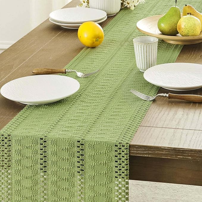 ZeeMart Macrame Style Boho Table Runner, Sage Green Table Runners 72 Inches Long, Farmhouse Woven Home Decor, 12x72 Inch, Green