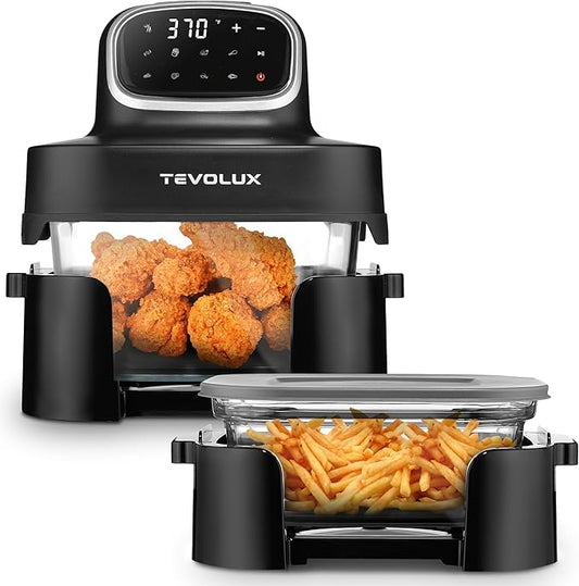 TEVOLUX 4-in-1 Portable Glass Air Fryer Cooking System, 1500W, 6.3QT & 4.4QT Glass Containers with Storage Lids, Microwave, Freezer & Dishwasher Safe