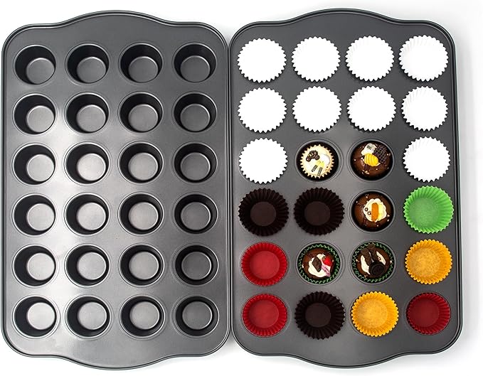 Bakexcel Non-Stick Mini Cupcake Pan, 1.97" 24-Cup Set of 2 Baking Pans, Heavy Duty Carbon Steel Tin for Mini Muffins & Cupcakes