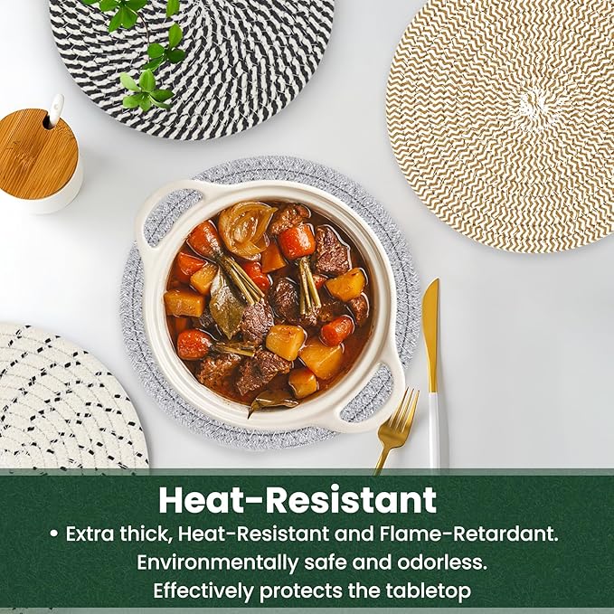 10 Inch Trivets for Hot Dishes, Hot Pots and Pans, Extra Large Thick Heat Resistant Large Coaster, Hot Pads, Kitchen Essentials, Pot Holders for Countertop with Storage Basket, 5 Pcs