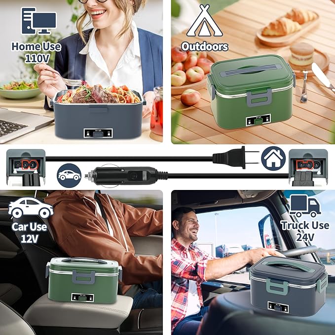 Electric Heated Lunch Box for Adults, 100W 3-IN-1 2 Pack 1.8L Containers Heating Lunch Box for Men Portable Double Layer, Fast Heated Food Warmer,12V/24V/110V for Car Truck Office Home