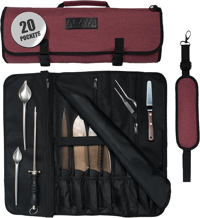 Asaya Chef Knife Roll Bag - 20 Total Pockets for Knives and Kitchen Utensils - Made with Stain Resistant Waxed Nylon - For Chefs and Culinary Students - Knives Not Included(Red)