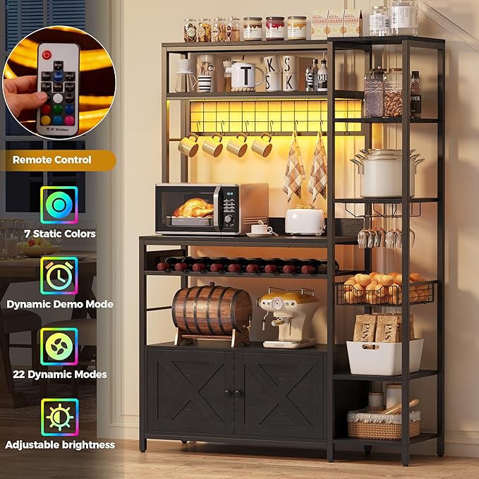 IRONCK Bakers Rack with Power Outlet, 47.24 Inch Coffee Bar Cabinet, Kitchen Microwave Stand with Storage, Kitchen Shelf with Shelves, LED Light, Globlet Holder and Wine Basket, Black