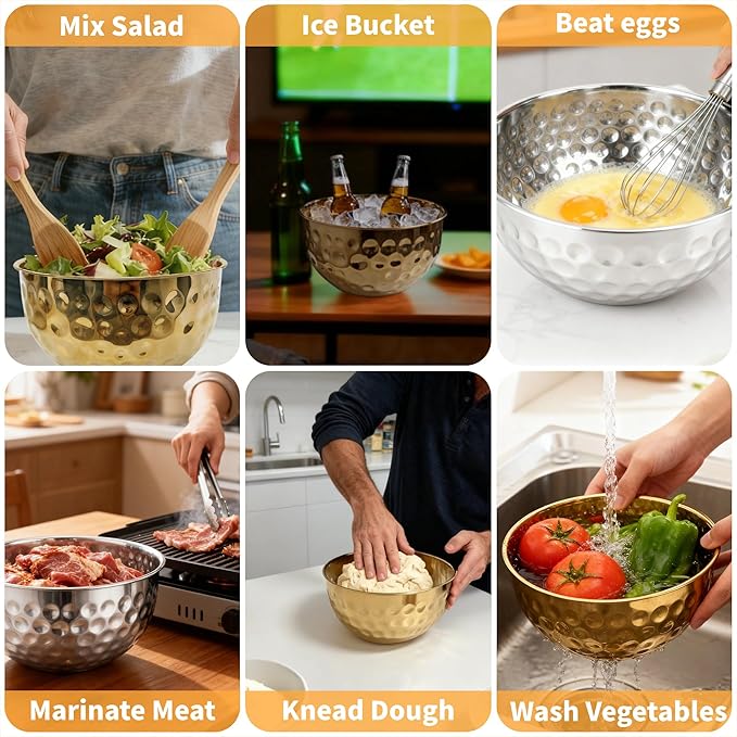 5-Piece Stainless Steel Mixing Bowls Set, Metal Hammered Gold Mixing Bowls for Kitchen, Cooking, Baking, Salad Prep, Food Storage, Reusable Nesting Design, 1.6-4.9 QT Capacity, Dishwasher Safe