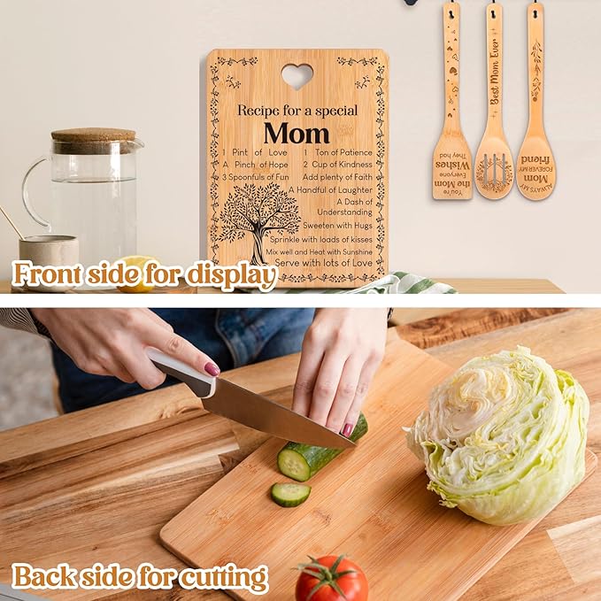 Gifts for Mom - "Recipe for a Special Mom" Mom Birthday Gifts Cutting Board Set, Bamboo-Made Engraved Utensil Set, Birthday Gifts for Mom from Daughter/Son