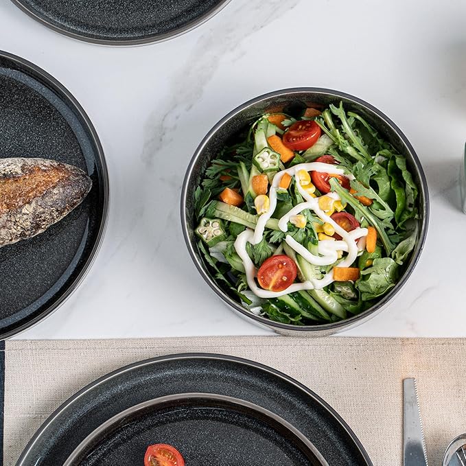 Stoneware Dinnerware Sets, Plates and Bowls Set for 4, 12-Piece Modern Stoneware Dinnerware – Chip Resistant, Non-Toxic, Dishwasher and Microwave Safe Tableware，Glossy Black