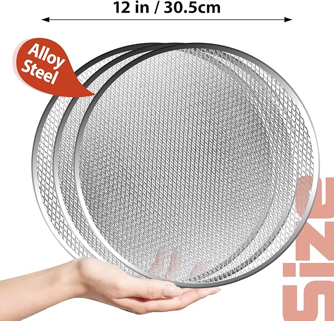 Pesilo 3 Pcs 12 Inch Pizza Screen, Aluminum Alloy Round Pizza Pan for Oven Nonstick Pizza Mesh Baking Tray, Seamless Rim Pizza Making Net for BBQ Home Kitchen Restaurant Supplies
