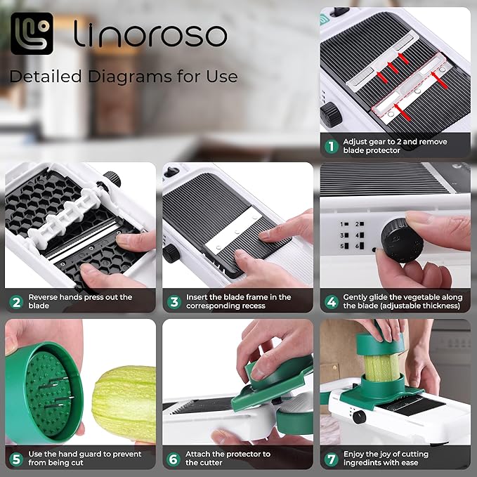 linoroso Adjustable Mandoline Food Slicer 5 in 1, Mandoline Slicer for Kitchen with Container, Vegetable Chopper Shredder Wave Cutter for Potato, Carrot, Zucchini, Grindder for Cheese Lemon