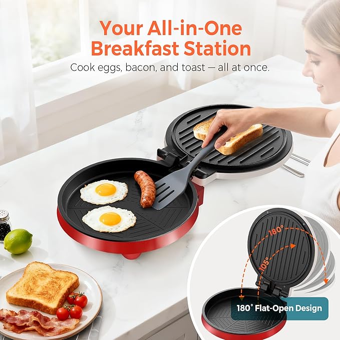 3-in-1 Electric Griddle & Panini Press - CACHOO 8" Nonstick Round Griddle and Sandwich Press with On/Off Switch, 180° Open Design, Perfect for Pancakes, Omelettes, Quesadillas, Veggies (Red/Beige)