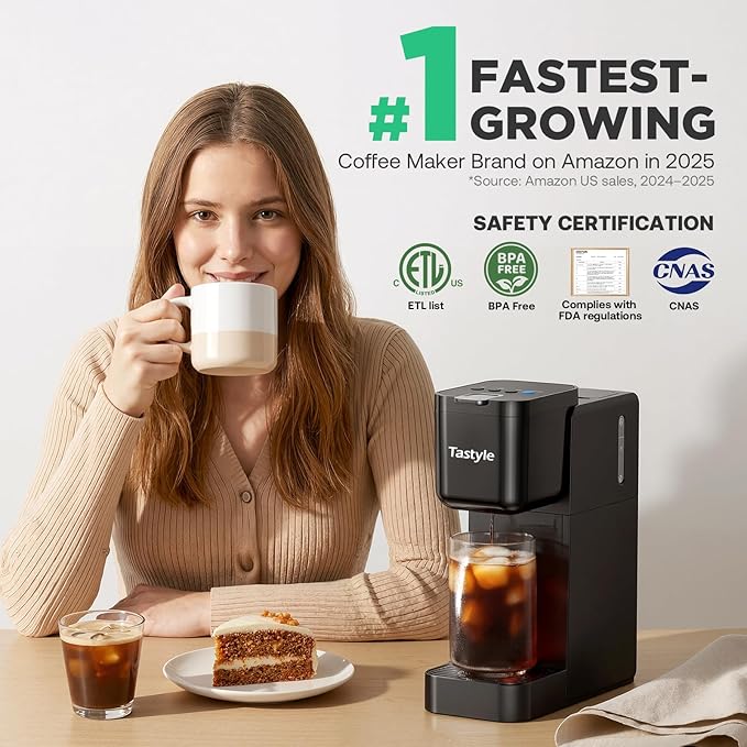 Tastyle Single Serve Coffee Maker Hot and Iced with Bold Brew, Small Coffee Machine for K Cup and Ground, Fits 7.3'' Travel Mug, Brews up to 16 Oz, 5 Cup Sizes, Compact for Office, RV& Hotel, Black