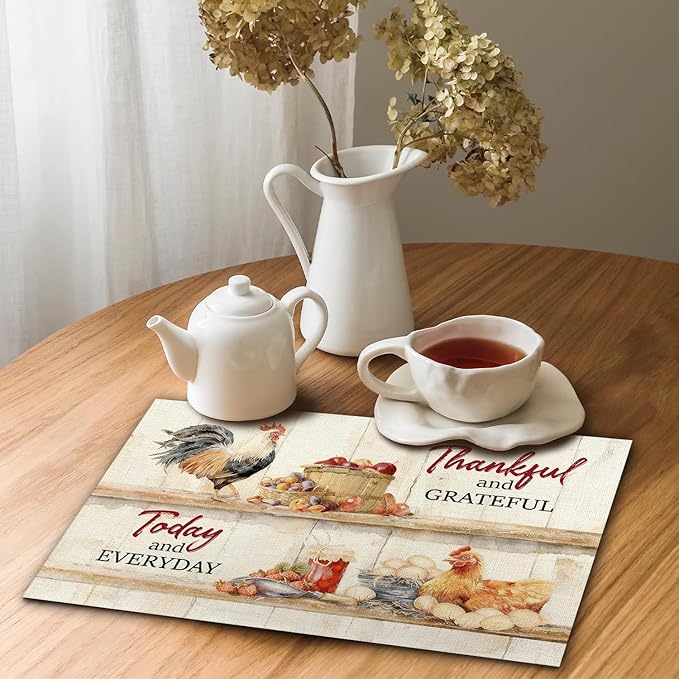 Cute Rooster Rustic Placemats Tablemats Resistant Place Mats Kitchen Decor Dining Decoration for Party, Washable Placemats Set of 4-10