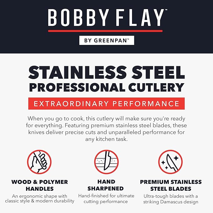 GreenPan x Bobby Flay 5” & 7” Santoku Knife Set, Premium Stainless Steel Blades, Precision Cutting Kitchen Tools, Ultra-Sharp Cutlery, Hand Finished Ergonomic Wood Handle, Damascus Steel Design