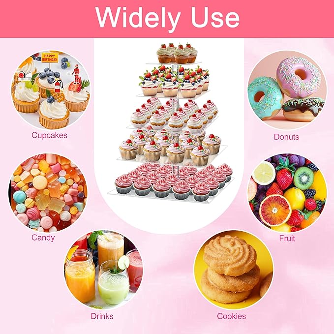 Weddingwish 5 Tier Acrylic Cupcake Stand, Clear Cupcake Tower Stand for 50 Cupcakes, Dessert Display Stand for Wedding Birthday